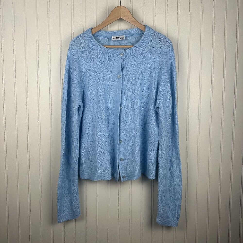 Vintage Knit Stitches Blue Cardigan In Size Large Cottage Core Granny Chic Retro